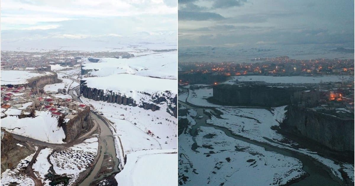 Baharda karla kaplanan Murat Kanyonu dronla görüntülendi